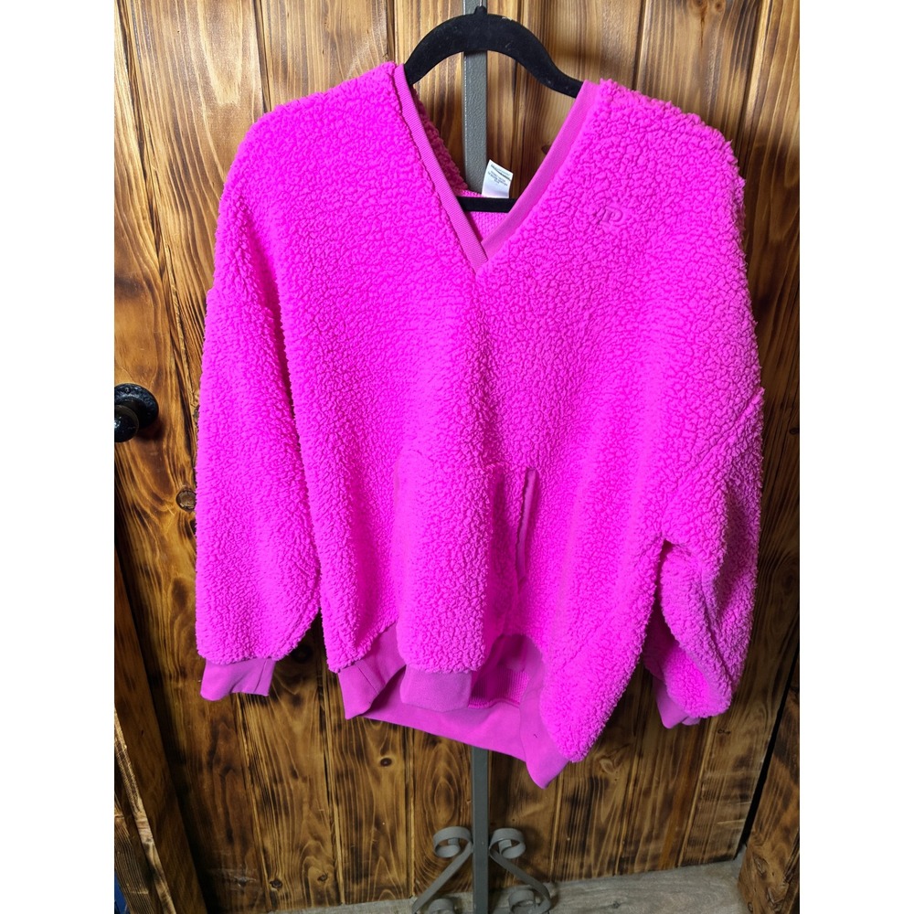 Victoria's Secret PINK Neon Pink Sherpa V-Neck Hoodie Pullover Size M Fuzzy